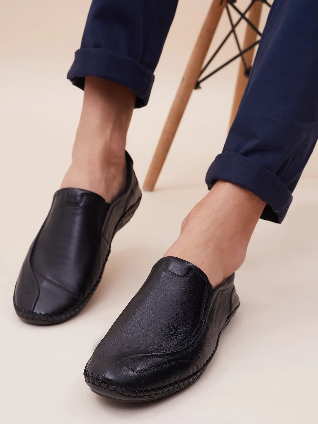 HITZ101 Men's Black Leather Casual Slip-On Shoes