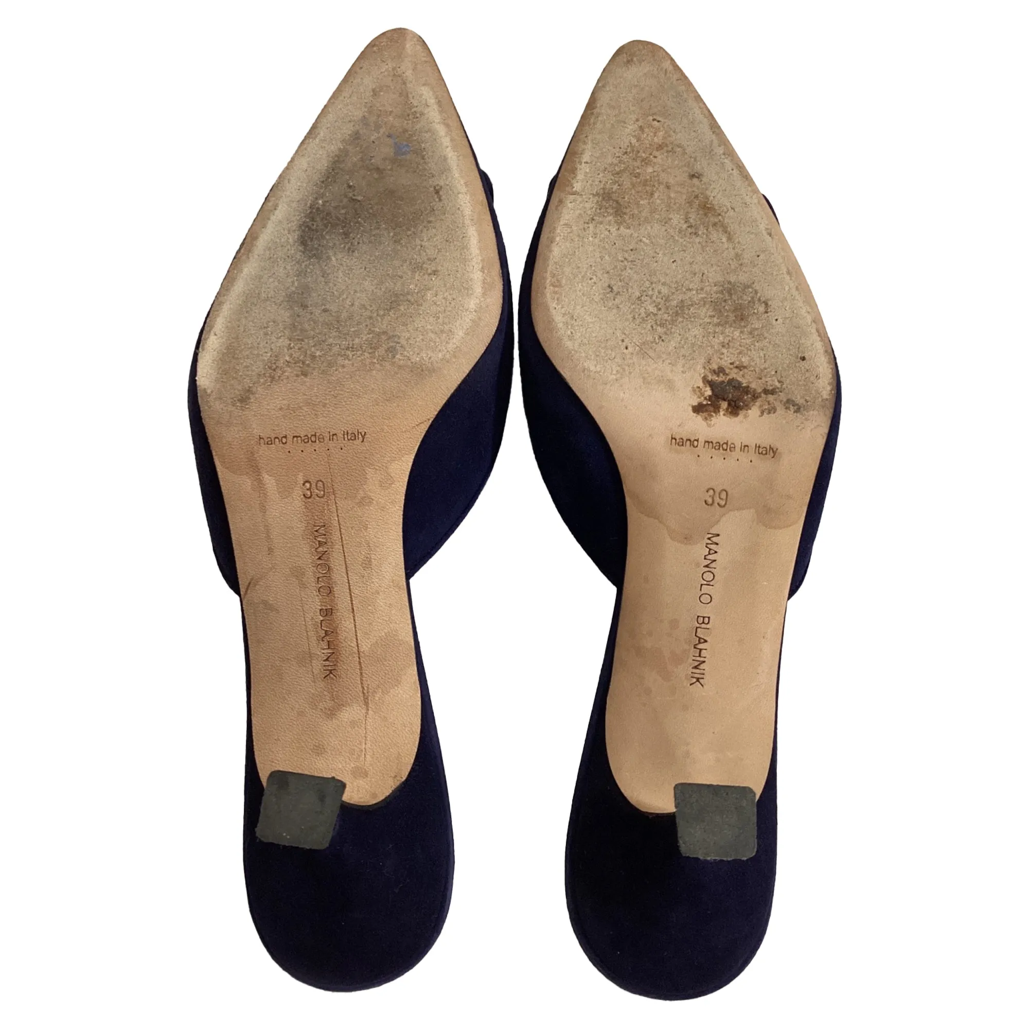 Manolo Blahnik Kitten Heel Mules in Navy Blue Suede